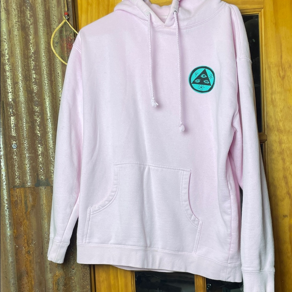 WELCOME Pink Hoodie with Teal Logo, Size L